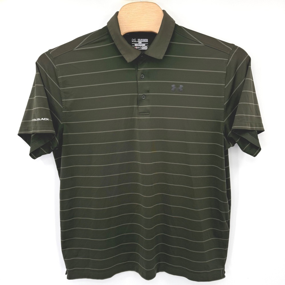 Under Armour Polo Mens 2XL Green HeatGear ColdBlack Striped Short Sleeve Shirt - Picture 2 of 9